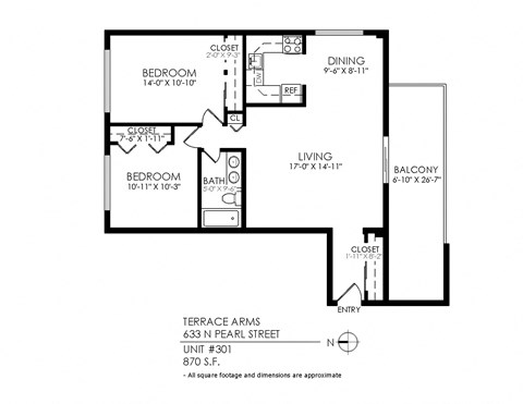 A floor plan of a unit with a living room, two bedrooms, a bathroom, a dining room and a balcony.